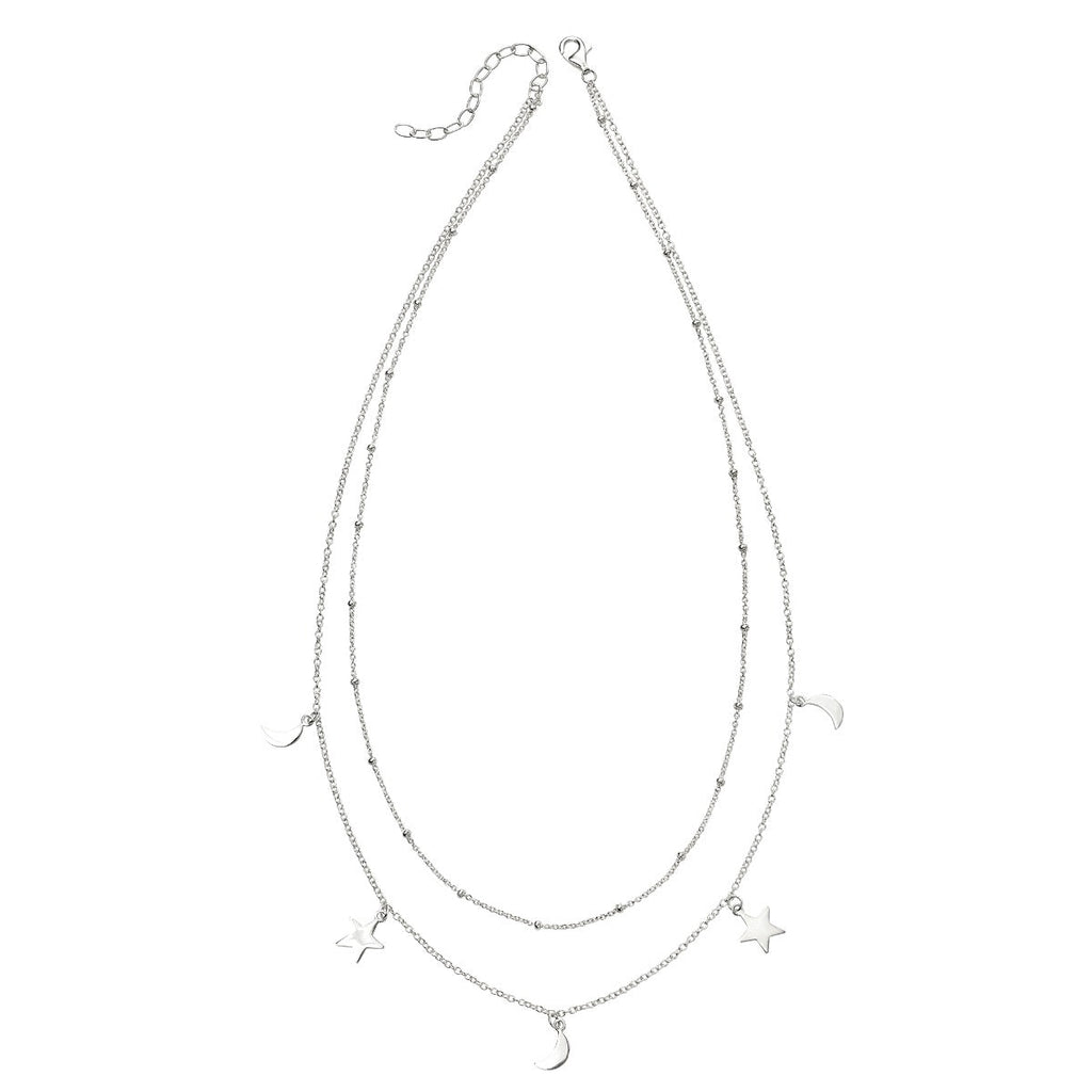 Gecko Jewellery Sterling Silver Star and Moon Double Row Necklace