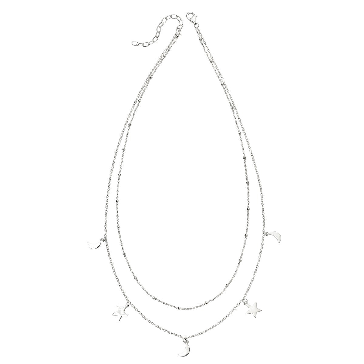 Gecko Jewellery Sterling Silver Star and Moon Double Row Necklace