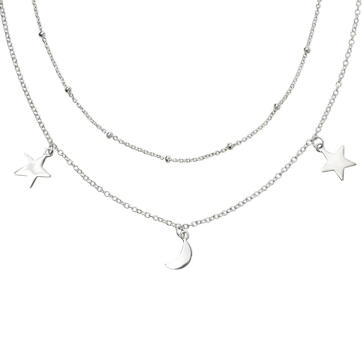 Gecko Jewellery Sterling Silver Star and Moon Double Row Necklace