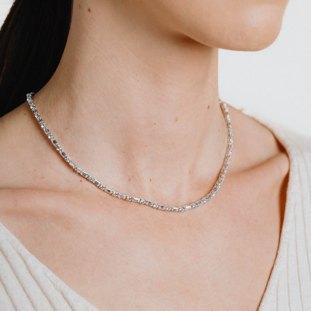 Diamonfire Baguette and Round Zirconia Necklace in Sterling Silver