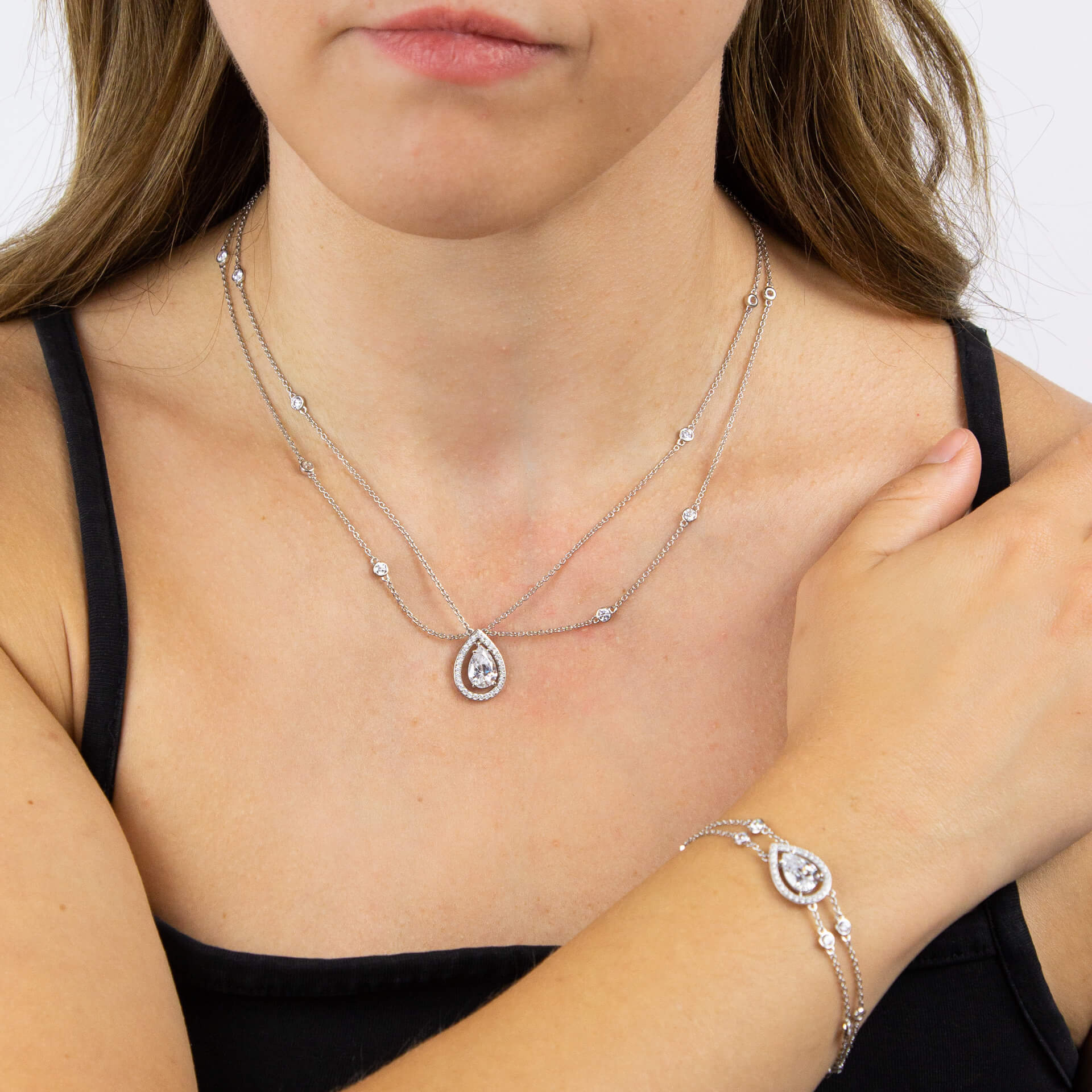 Diamonfire Teardrop Zirconia Double Chain Necklace in Sterling Silver