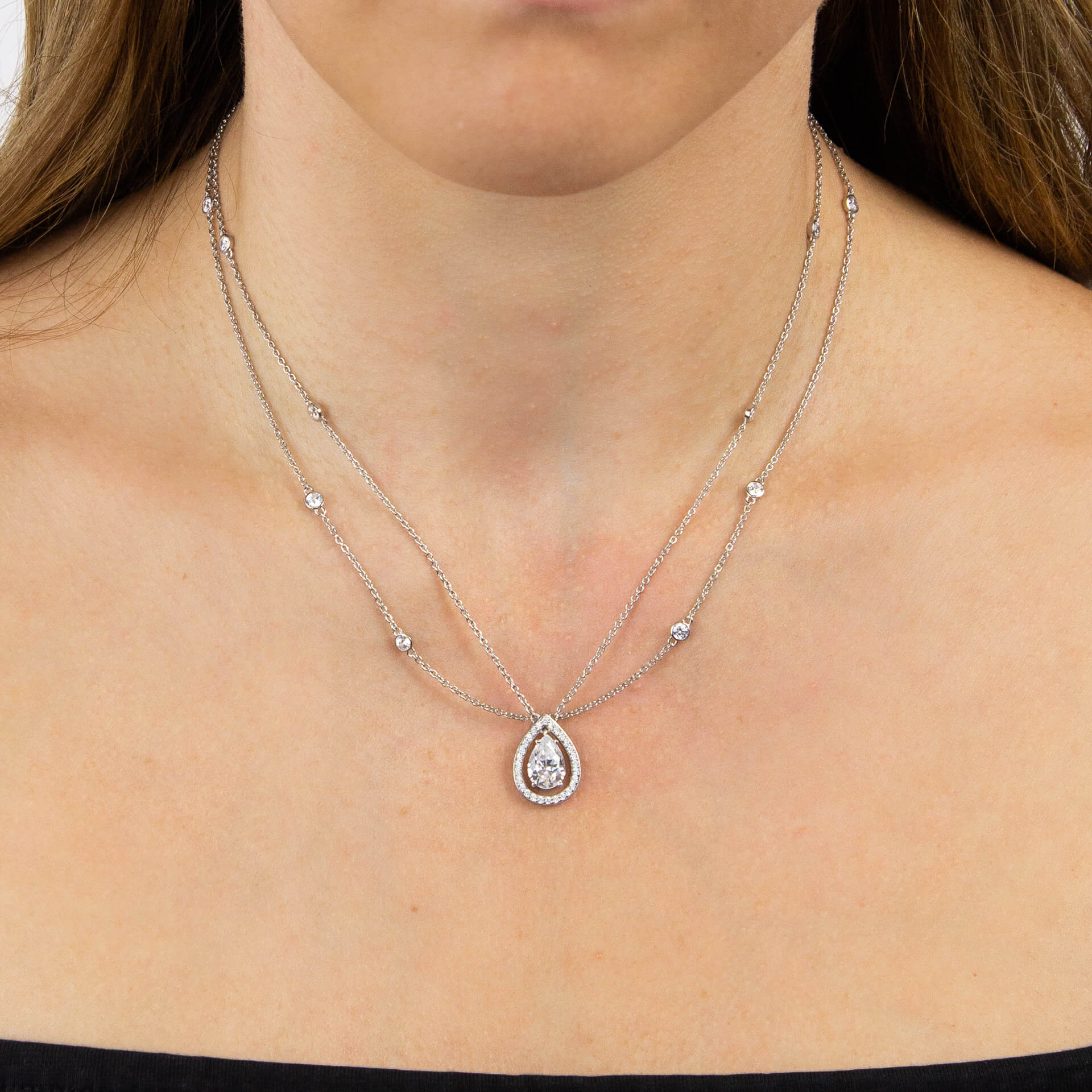 Diamonfire Teardrop Zirconia Double Chain Necklace in Sterling Silver