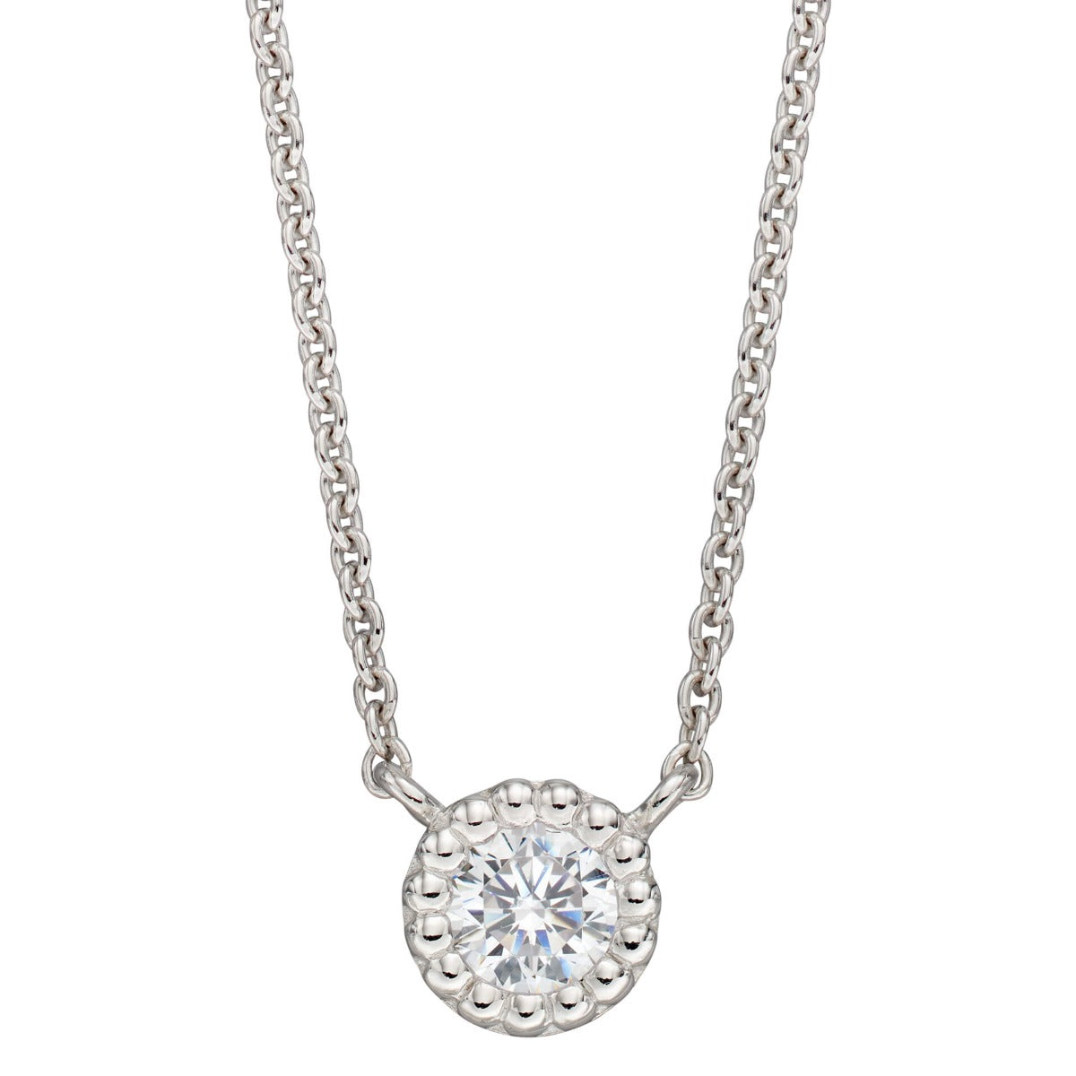 Gecko Jewellery Millegrain Edge Cubic Zirconia Necklace in Silver