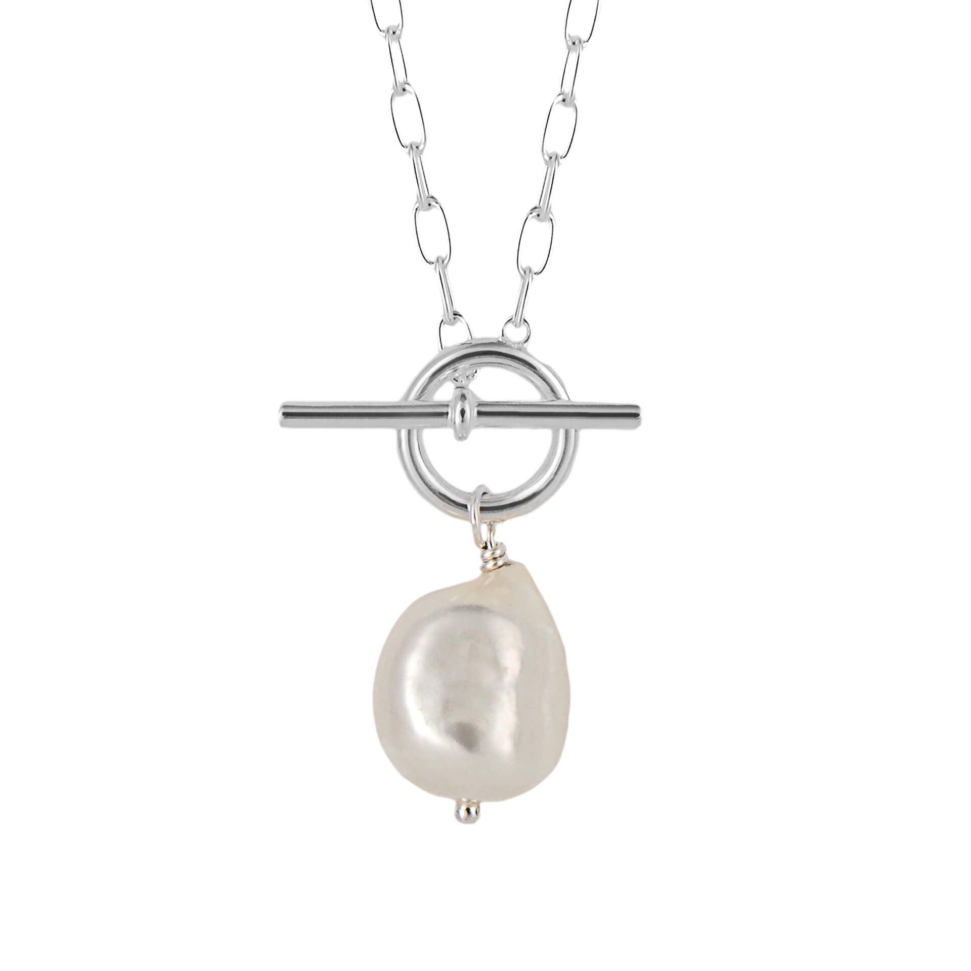 Gecko Jewellery T-Bar Chain Necklace with White Pearl in Sterling Silver