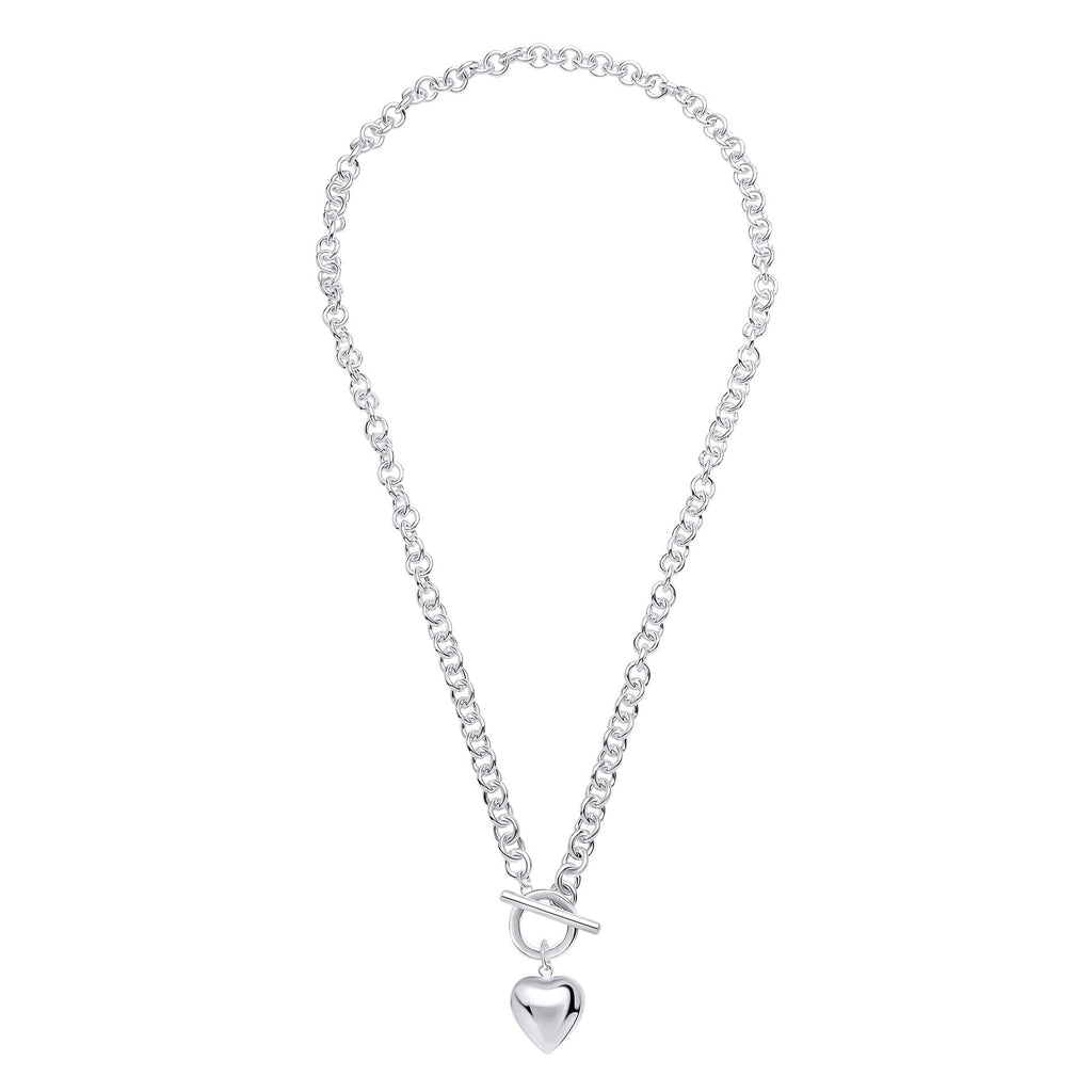 Gecko Jewellery Recycled Sterling Silver Puff Heart T-Bar Chain Necklace