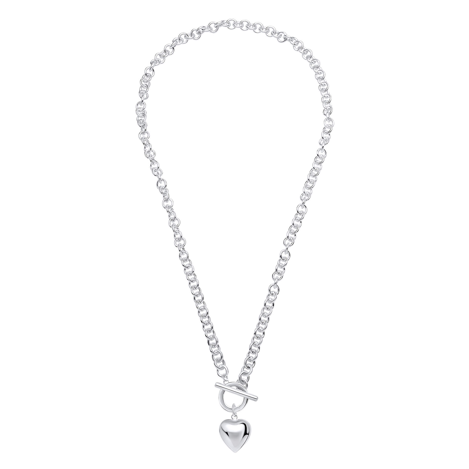 Gecko Jewellery Recycled Sterling Silver Puff Heart T-Bar Chain Necklace