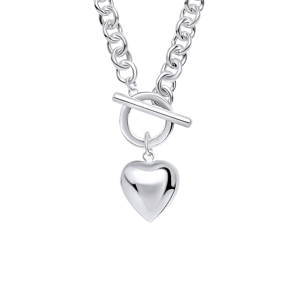 Gecko Jewellery Recycled Sterling Silver Puff Heart T-Bar Chain Necklace