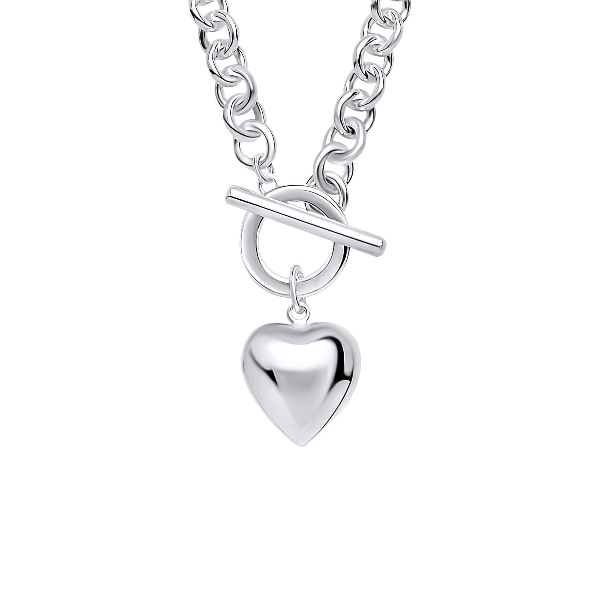 Gecko Jewellery Recycled Sterling Silver Puff Heart T-Bar Chain Necklace