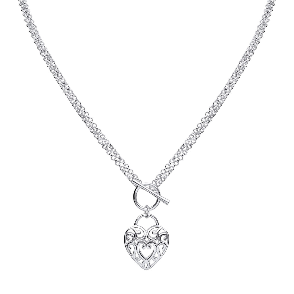 Gecko Jewellery Recycled Sterling Silver Filigree Heart T-Bar Necklace
