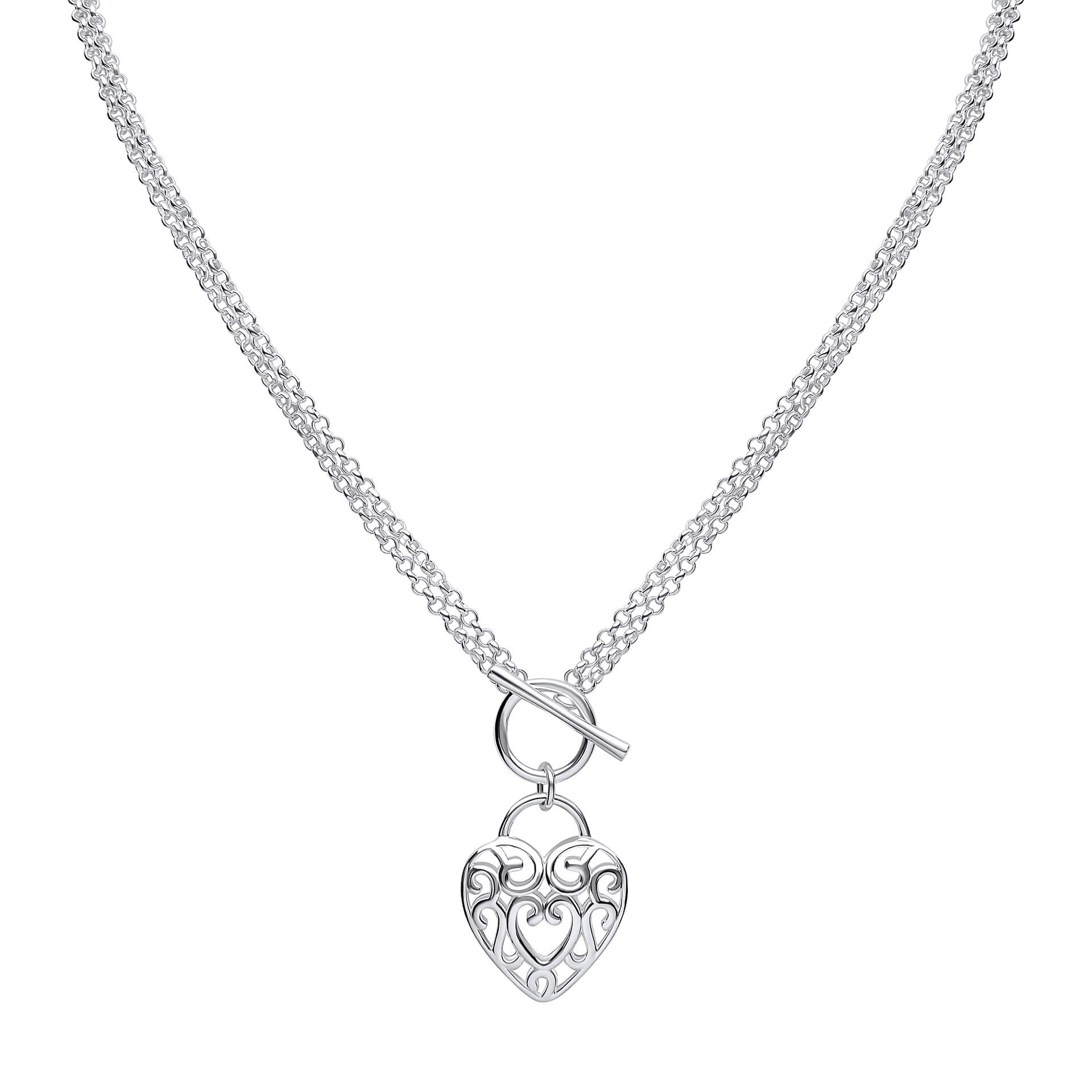 Gecko Jewellery Recycled Sterling Silver Filigree Heart T-Bar Necklace