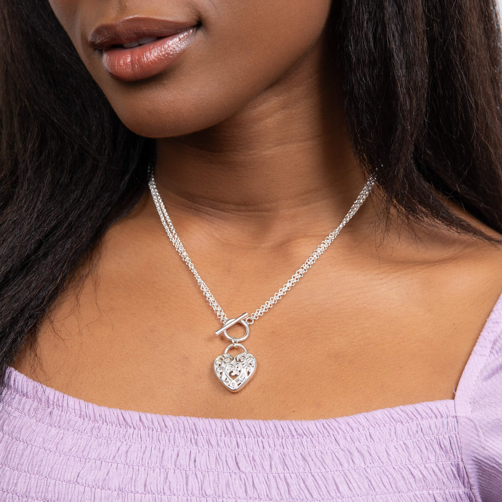 Gecko Jewellery Recycled Sterling Silver Filigree Heart T-Bar Necklace