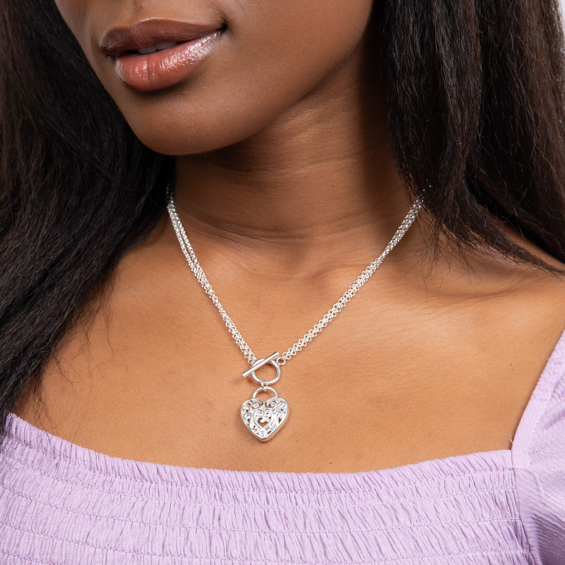 Gecko Jewellery Recycled Sterling Silver Filigree Heart T-Bar Necklace