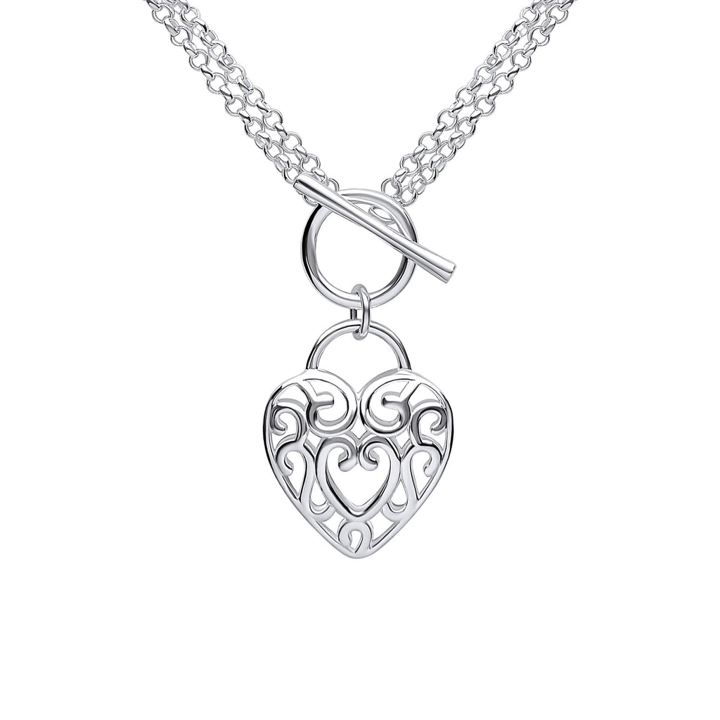 Gecko Jewellery Recycled Sterling Silver Filigree Heart T-Bar Necklace