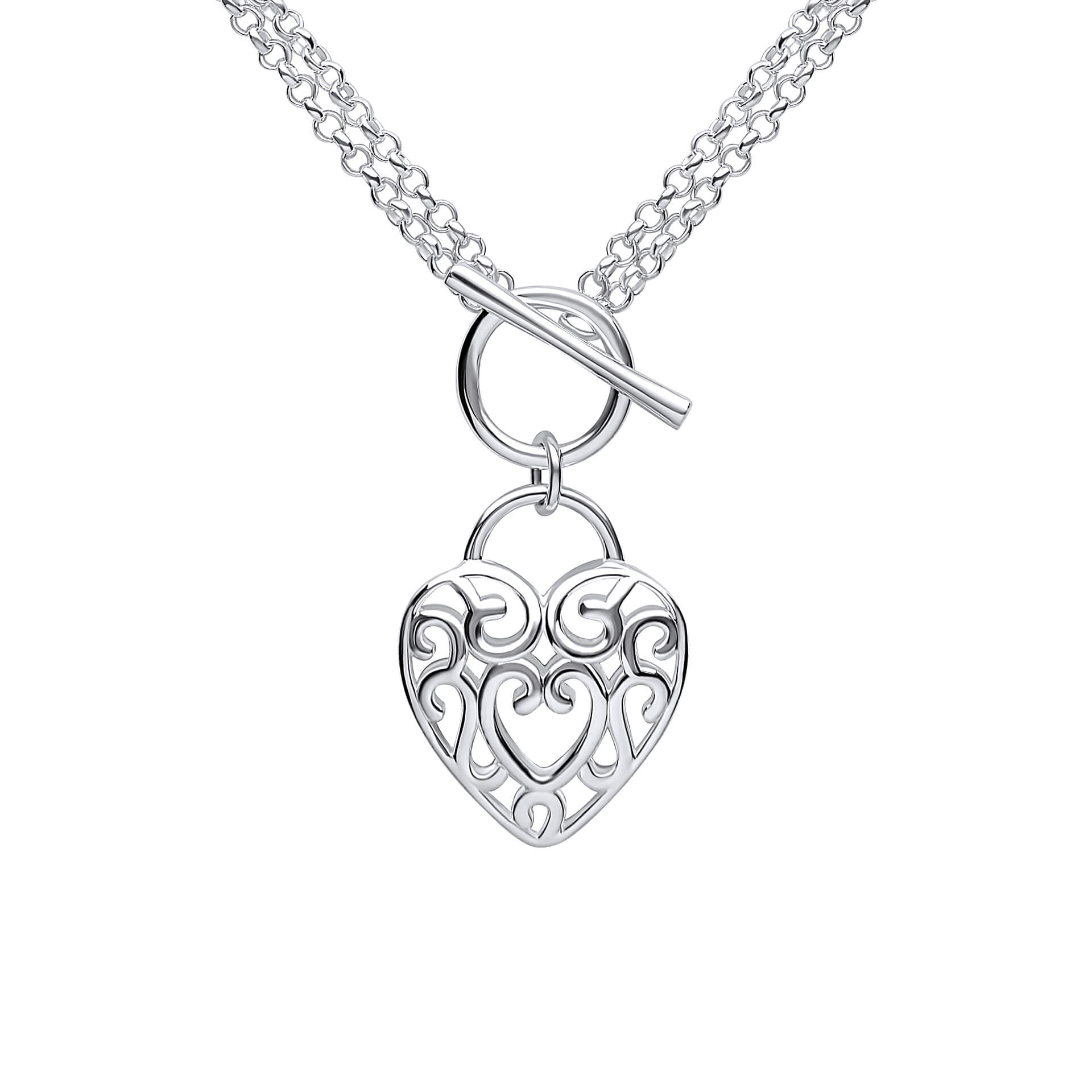 Gecko Jewellery Recycled Sterling Silver Filigree Heart T-Bar Necklace