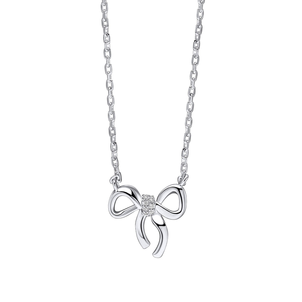 Laura Ashley Children’s Ribbon Bow Necklace – Silver Plated with CZ