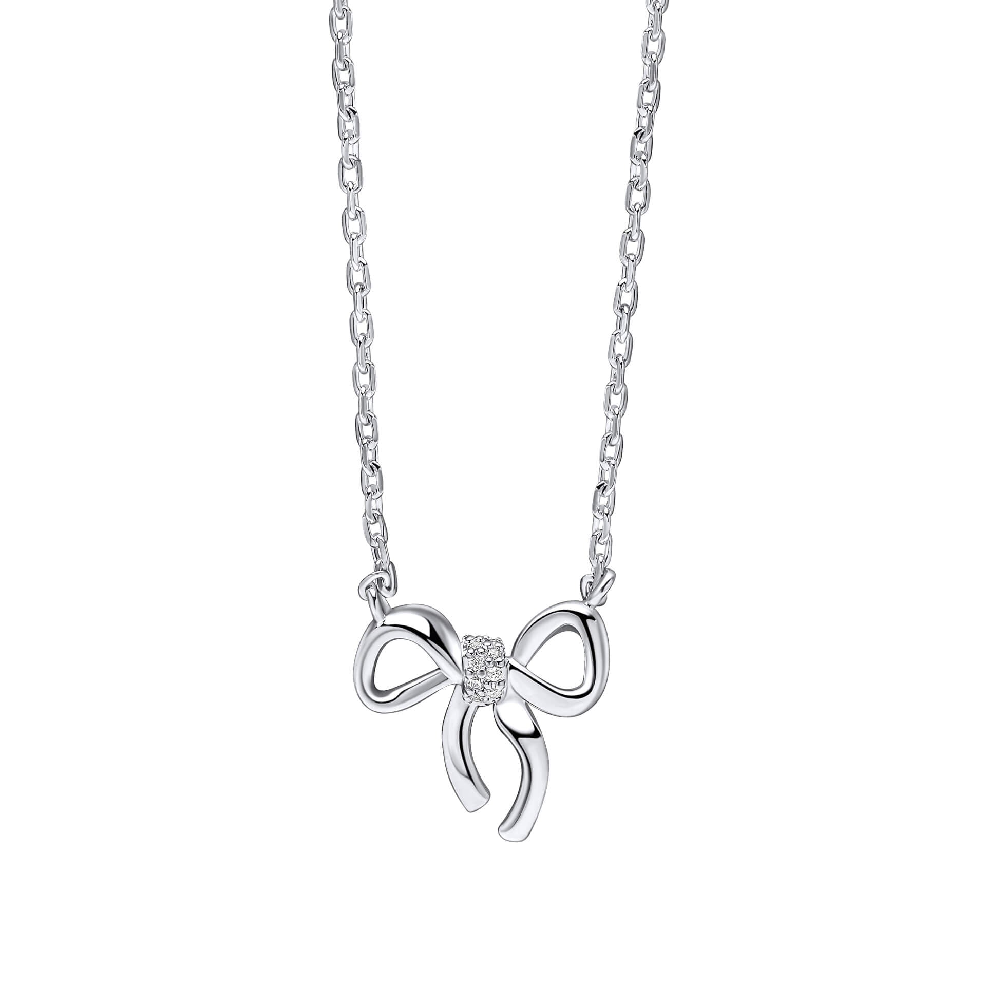 Laura Ashley Children’s Ribbon Bow Necklace – Silver Plated with CZ