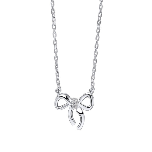 Laura Ashley Children’s Ribbon Bow Necklace – Silver Plated with CZ