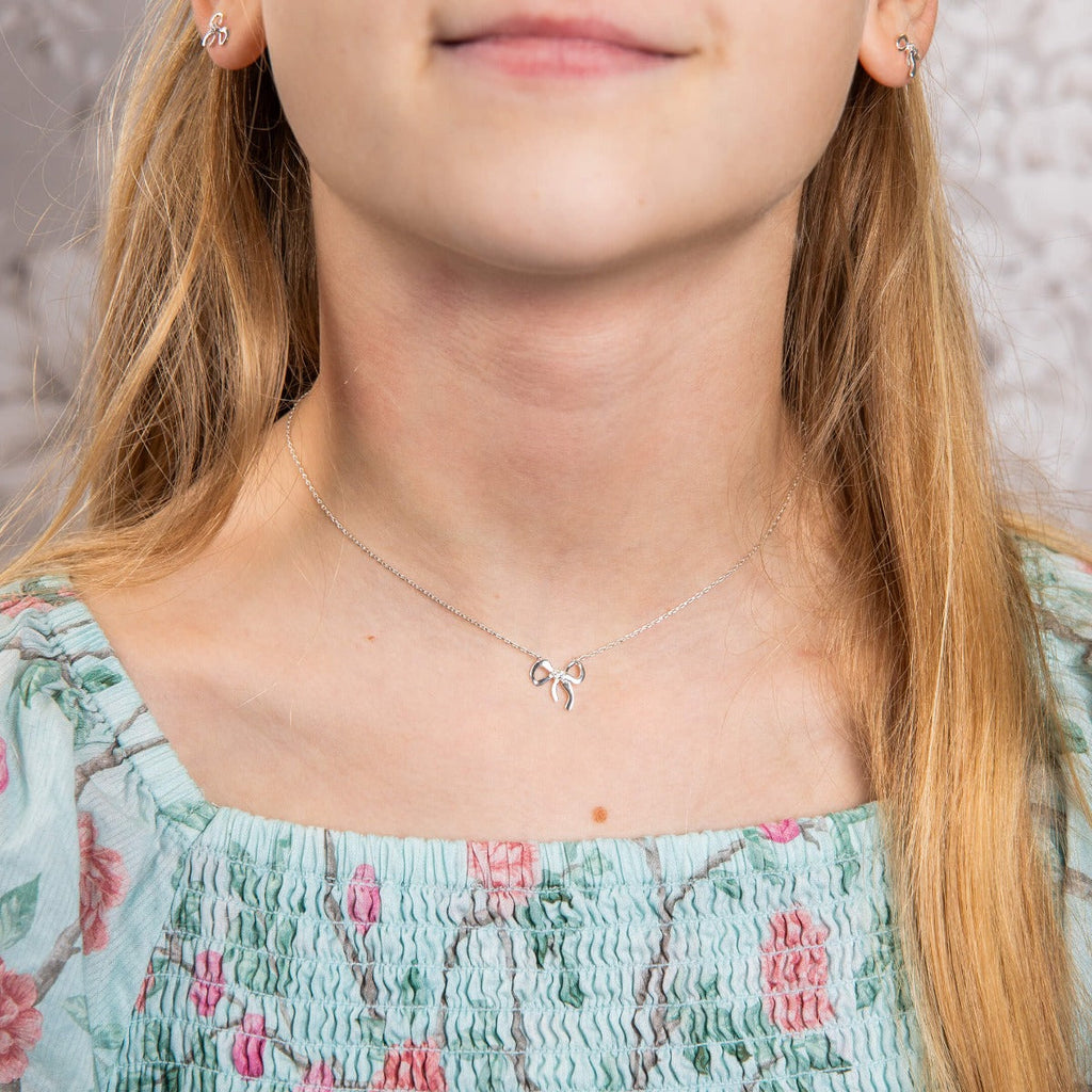 Laura Ashley Children’s Ribbon Bow Necklace – Silver Plated with CZ