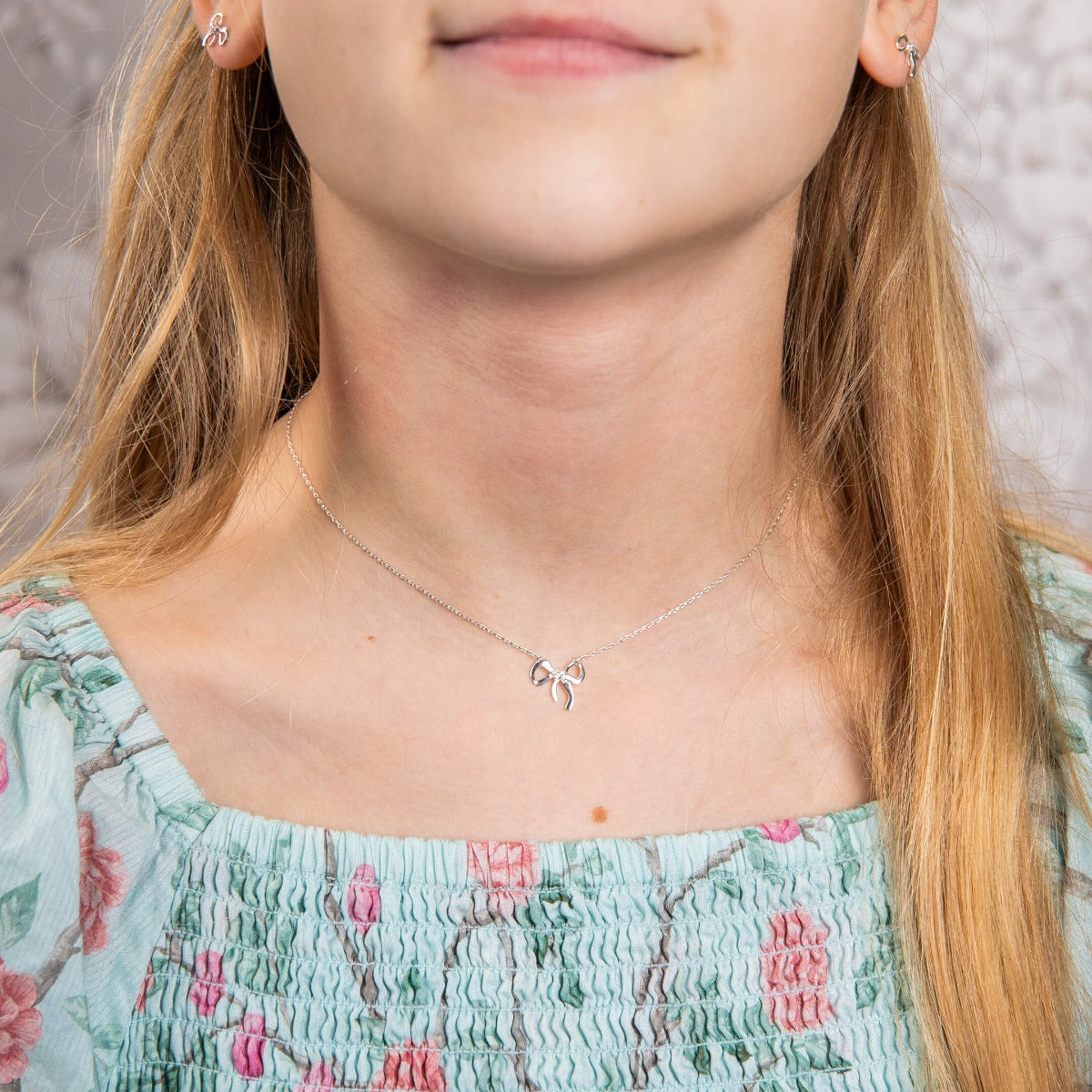 Laura Ashley Children’s Ribbon Bow Necklace – Silver Plated with CZ