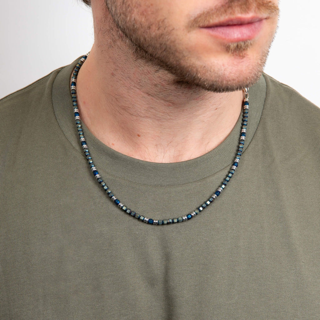 Gecko Jewellery Blue Hematite Bead Necklace with Stainless Steel Accents