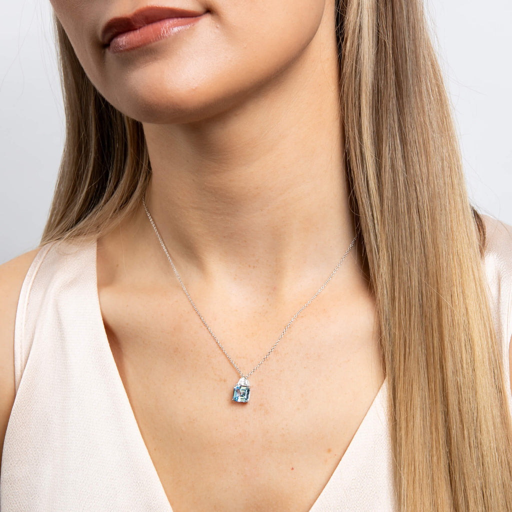 Gecko Jewellery Square Cut Sterling Silver Necklace with Blue Zirconia