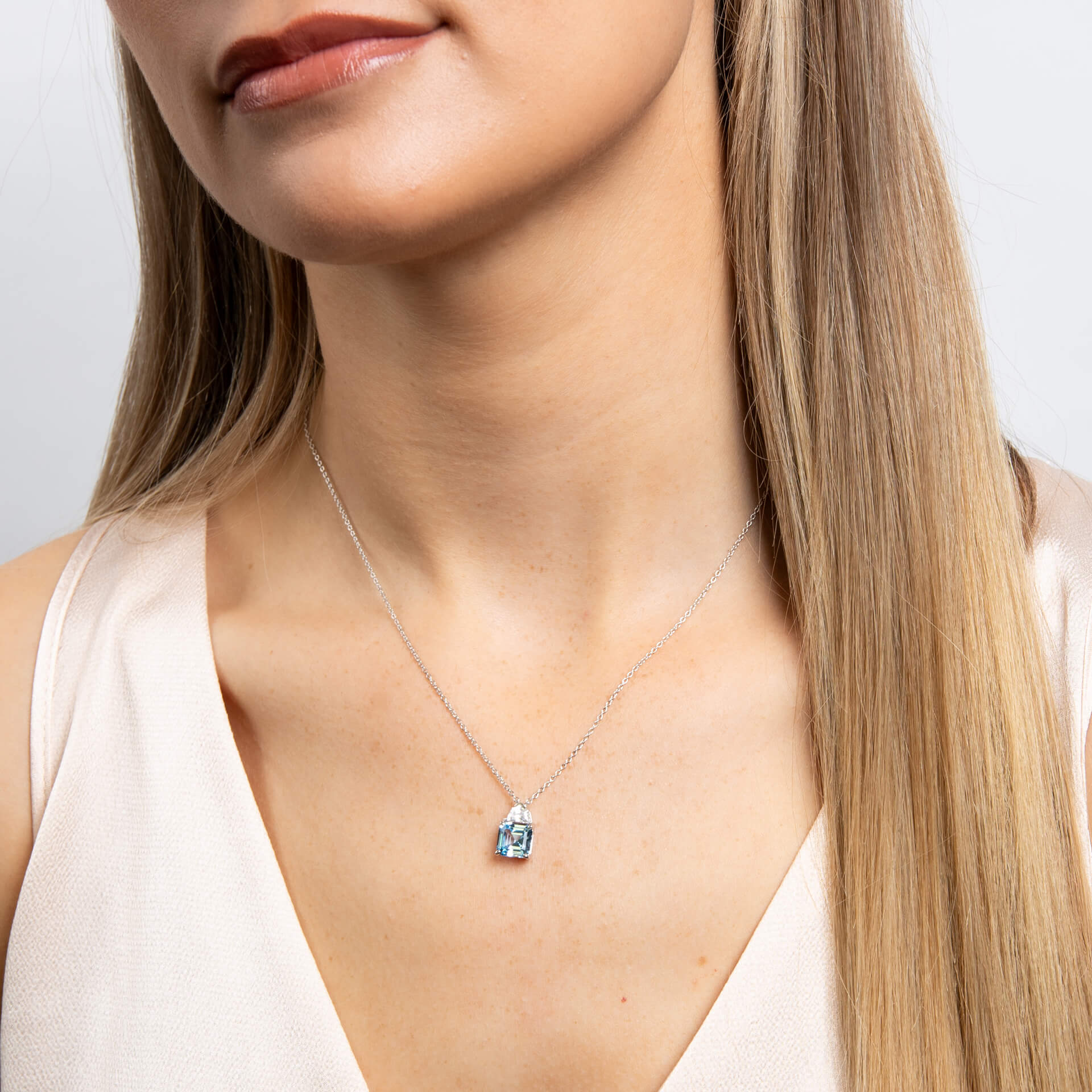 Gecko Jewellery Square Cut Sterling Silver Necklace with Blue Zirconia