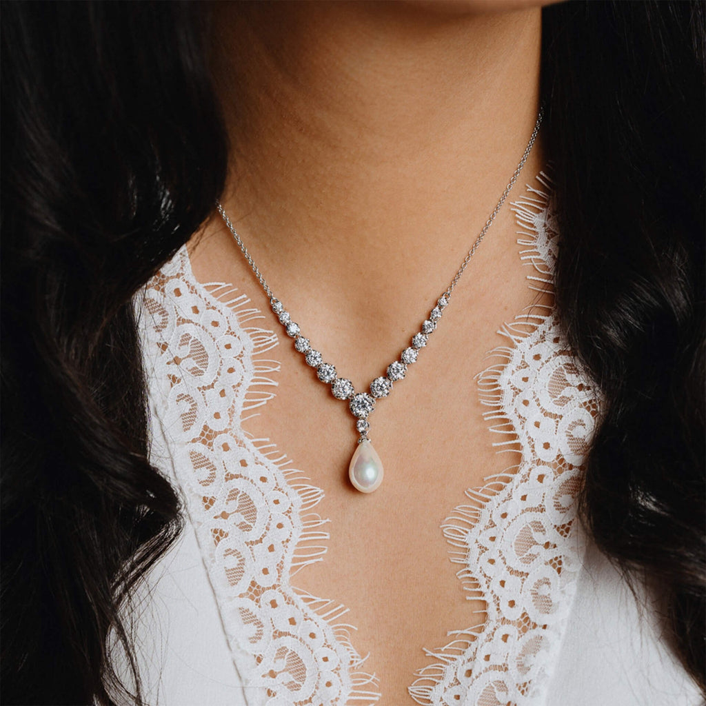 Diamonfire Zirconia & Shell Pearl Drop Necklace in Sterling Silver