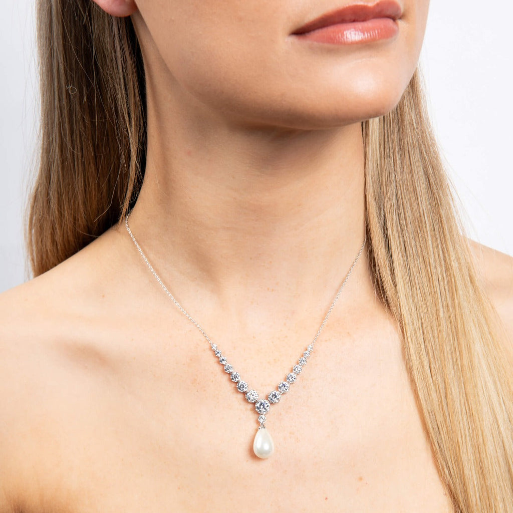 Diamonfire Zirconia & Shell Pearl Drop Necklace in Sterling Silver