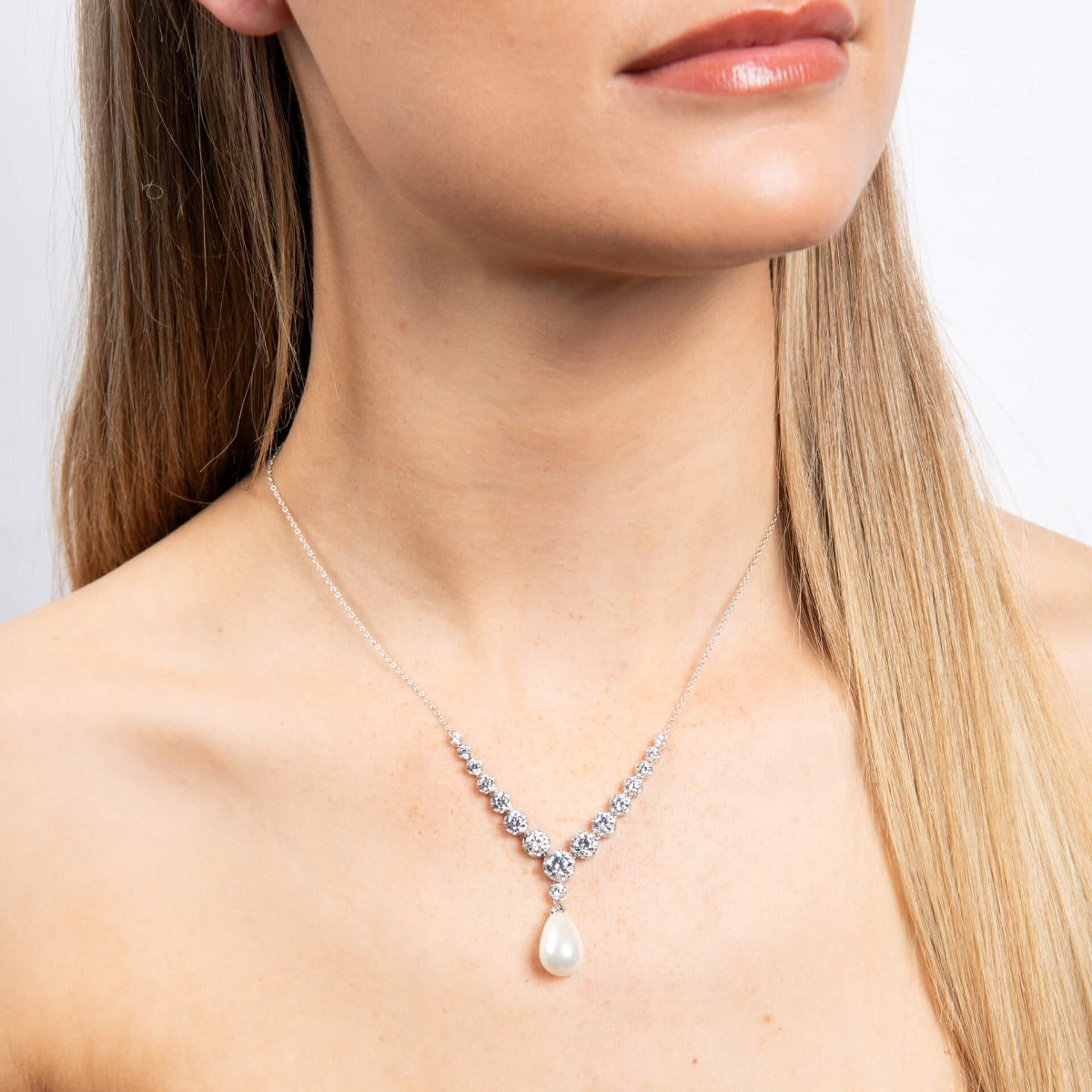 Diamonfire Zirconia & Shell Pearl Drop Necklace in Sterling Silver