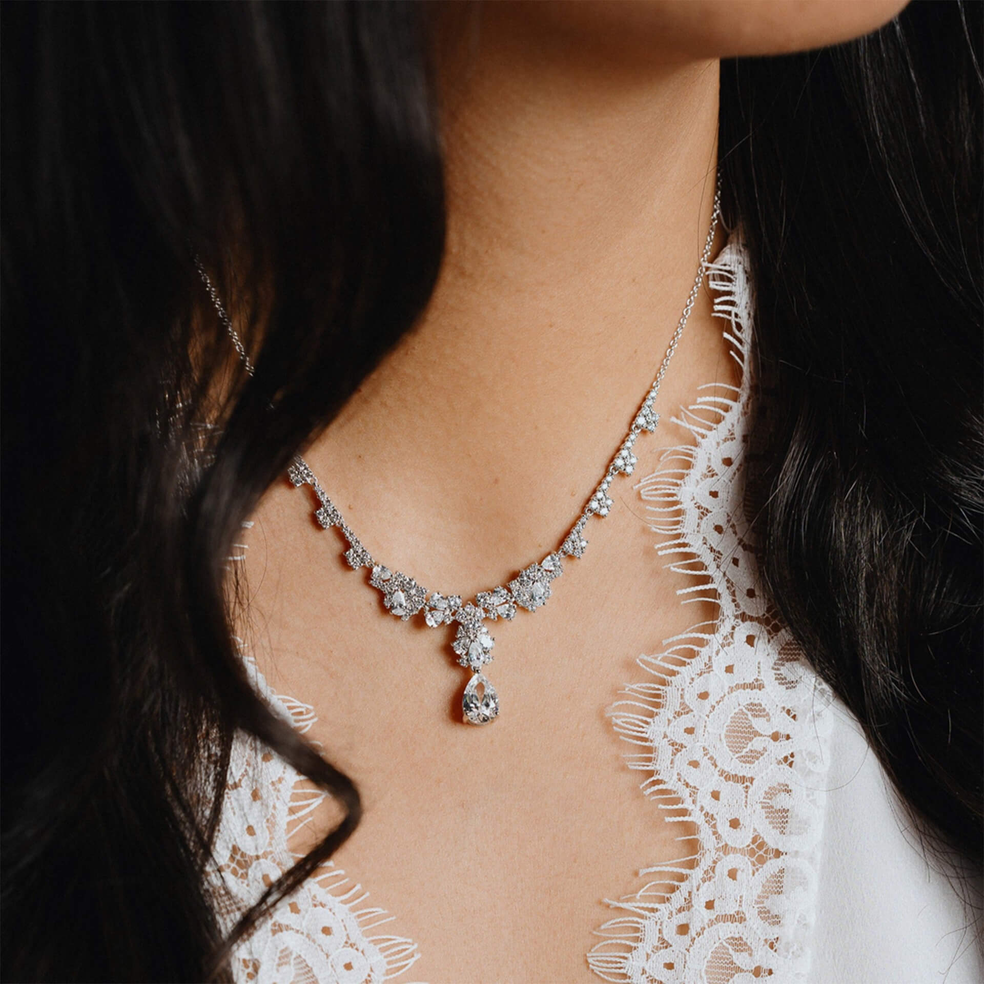 Diamonfire Sterling Silver Teardrop Necklace with Zirconia Stones