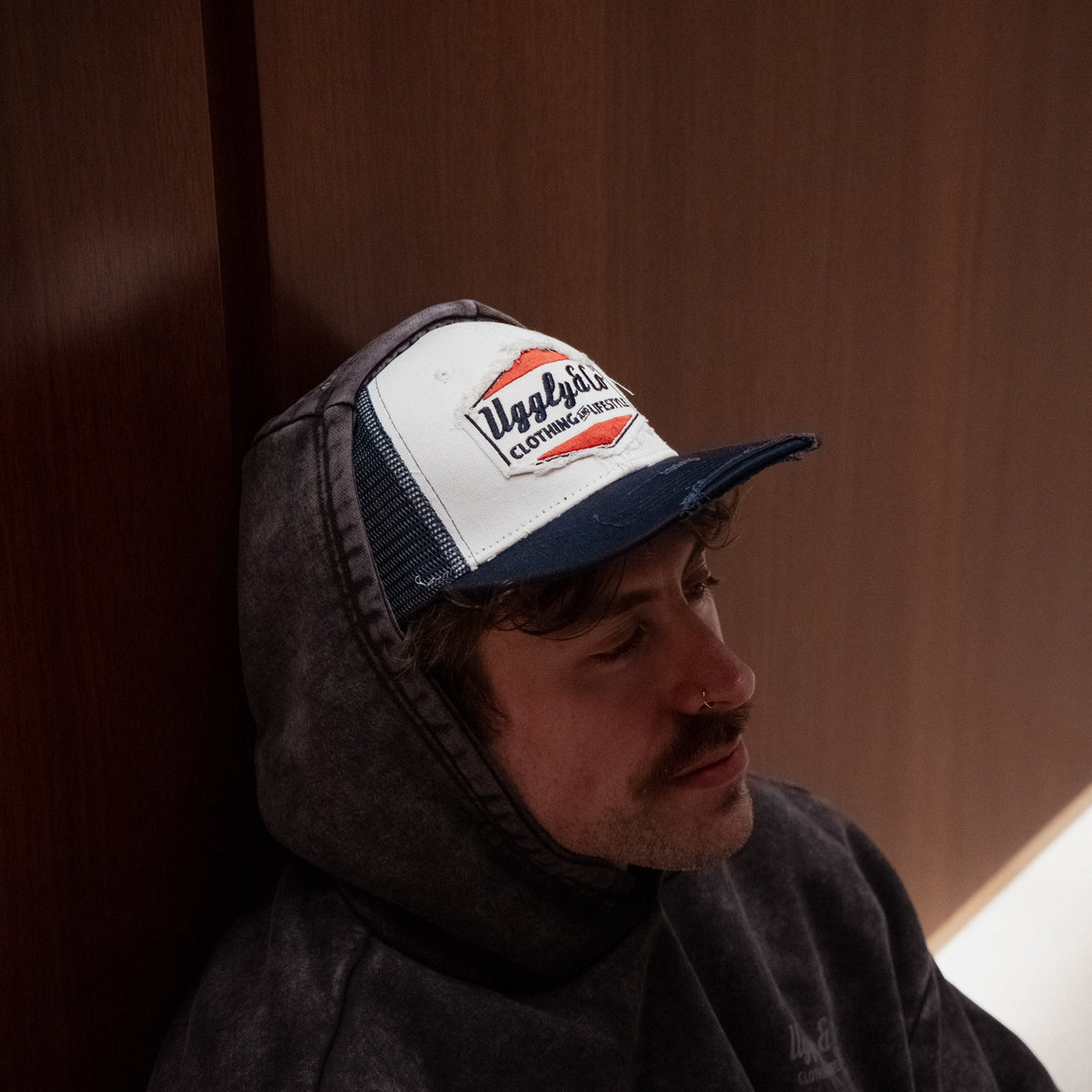 Uggly & Co Navy Blue & White Diamond Distressed Trucker Hat