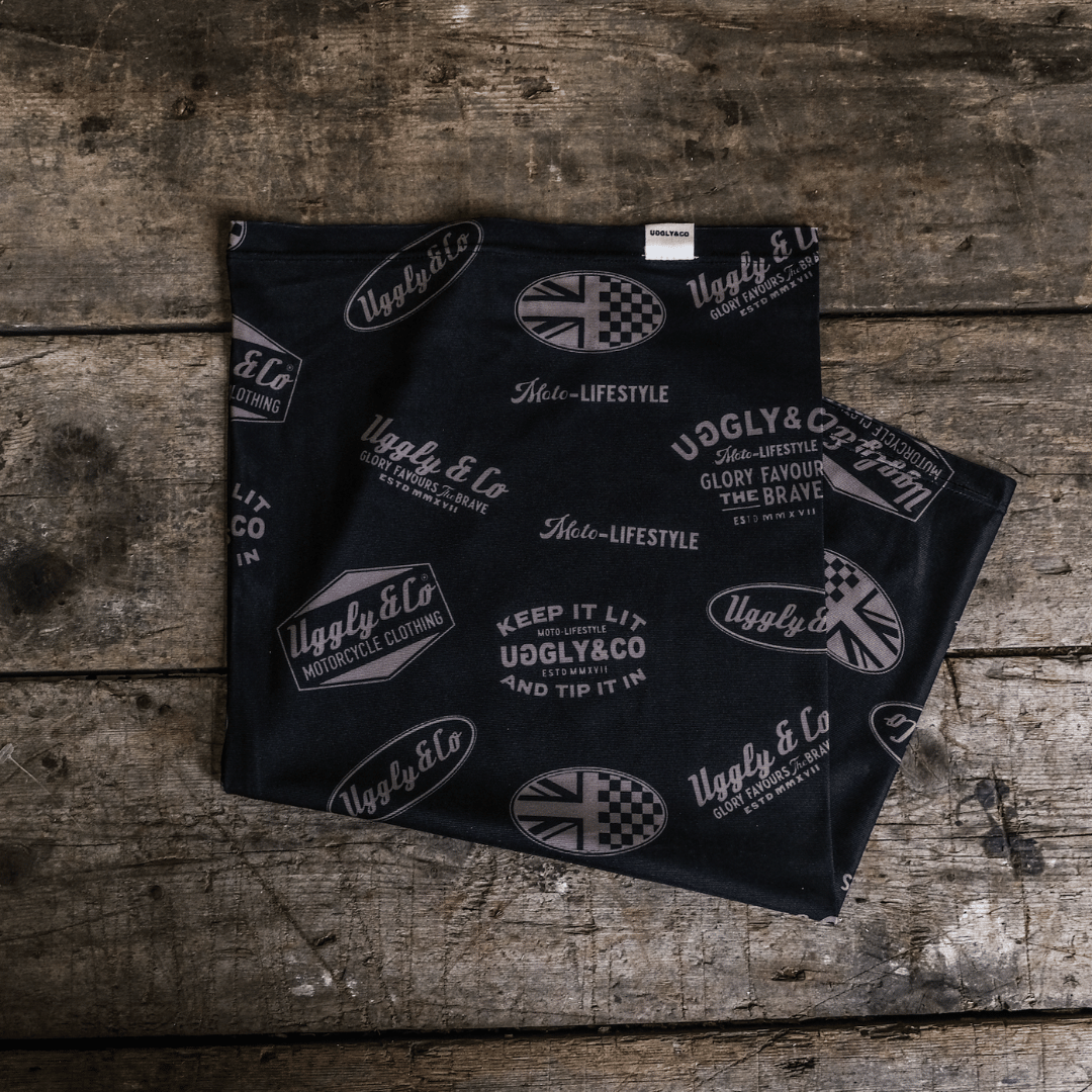 Uggly & Co Motorcycle Bandana – Black & Gold Breathable Neck Tube