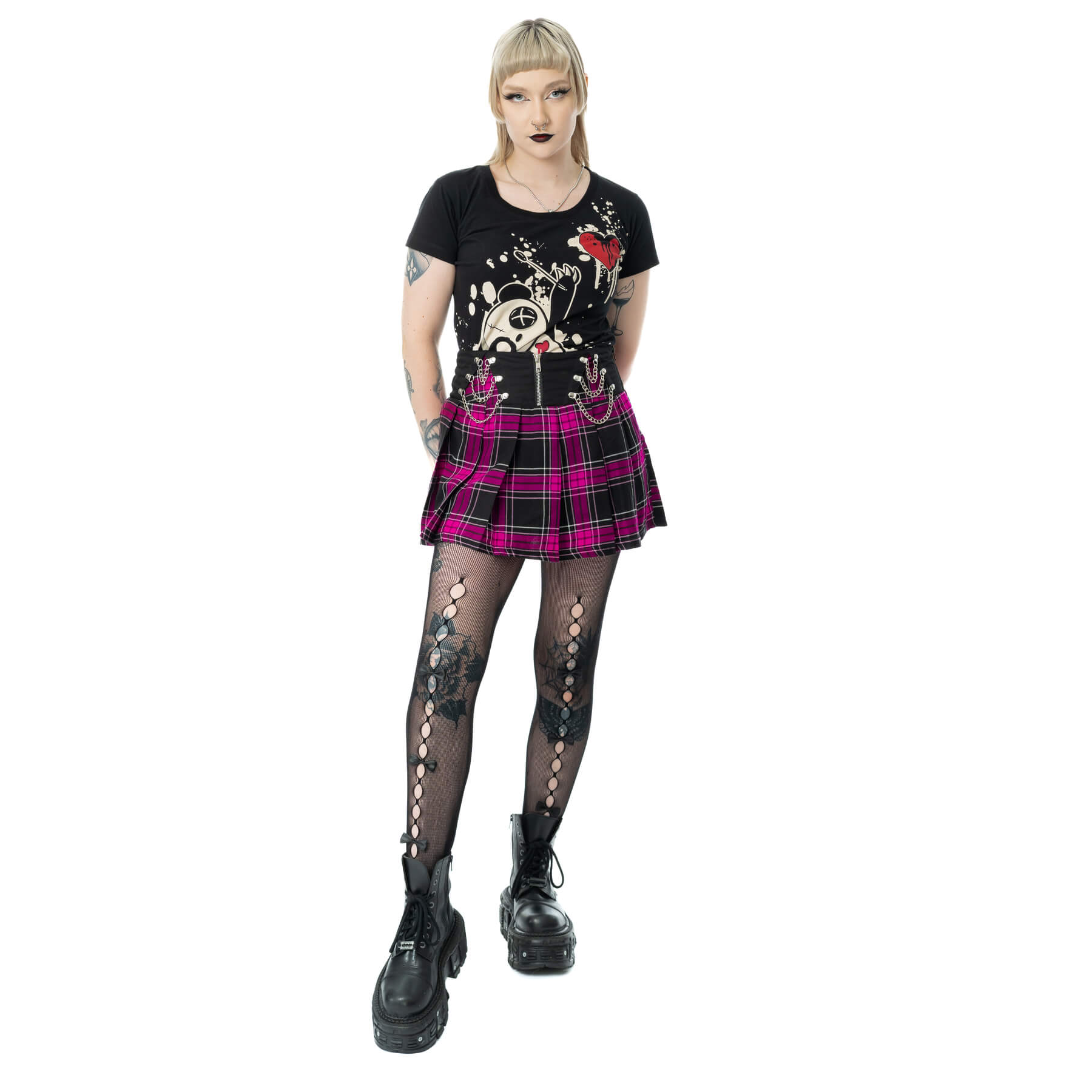 Heartless Nixie Skirt – Black & Dark Pink Check Pleated Punk Skirt