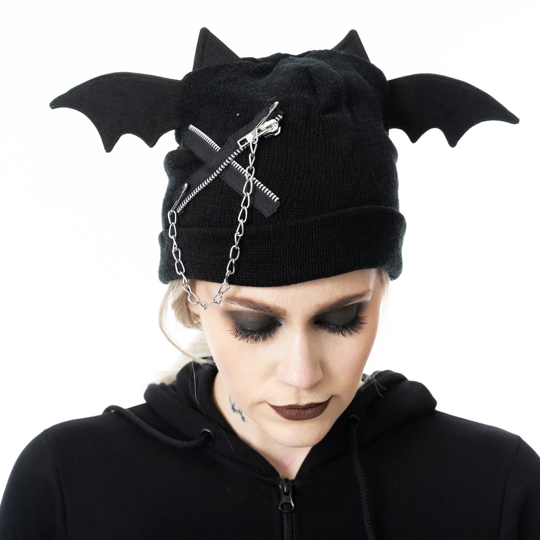Cupcake Cult Nycteris Hat – Gothic Bat Wing Beanie with Chain Detail
