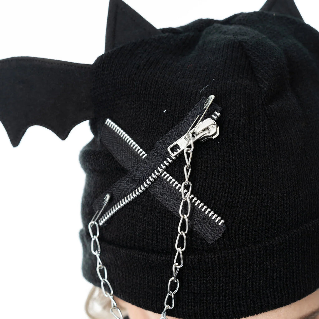 Cupcake Cult Nycteris Hat – Gothic Bat Wing Beanie with Chain Detail