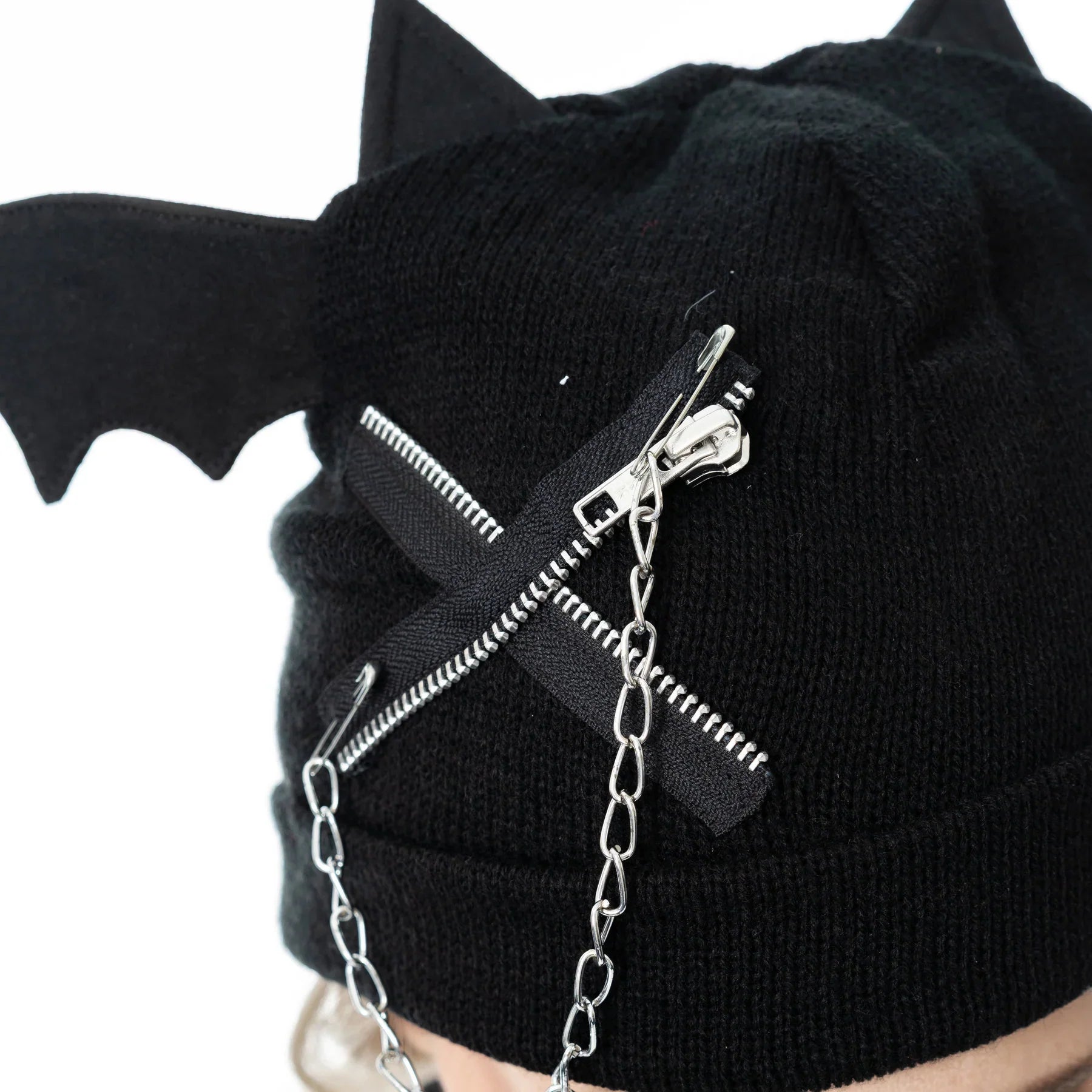 Cupcake Cult Nycteris Hat – Gothic Bat Wing Beanie with Chain Detail