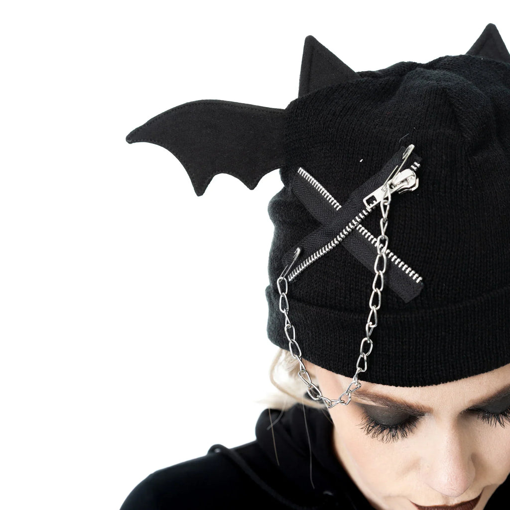 Cupcake Cult Nycteris Hat – Gothic Bat Wing Beanie with Chain Detail