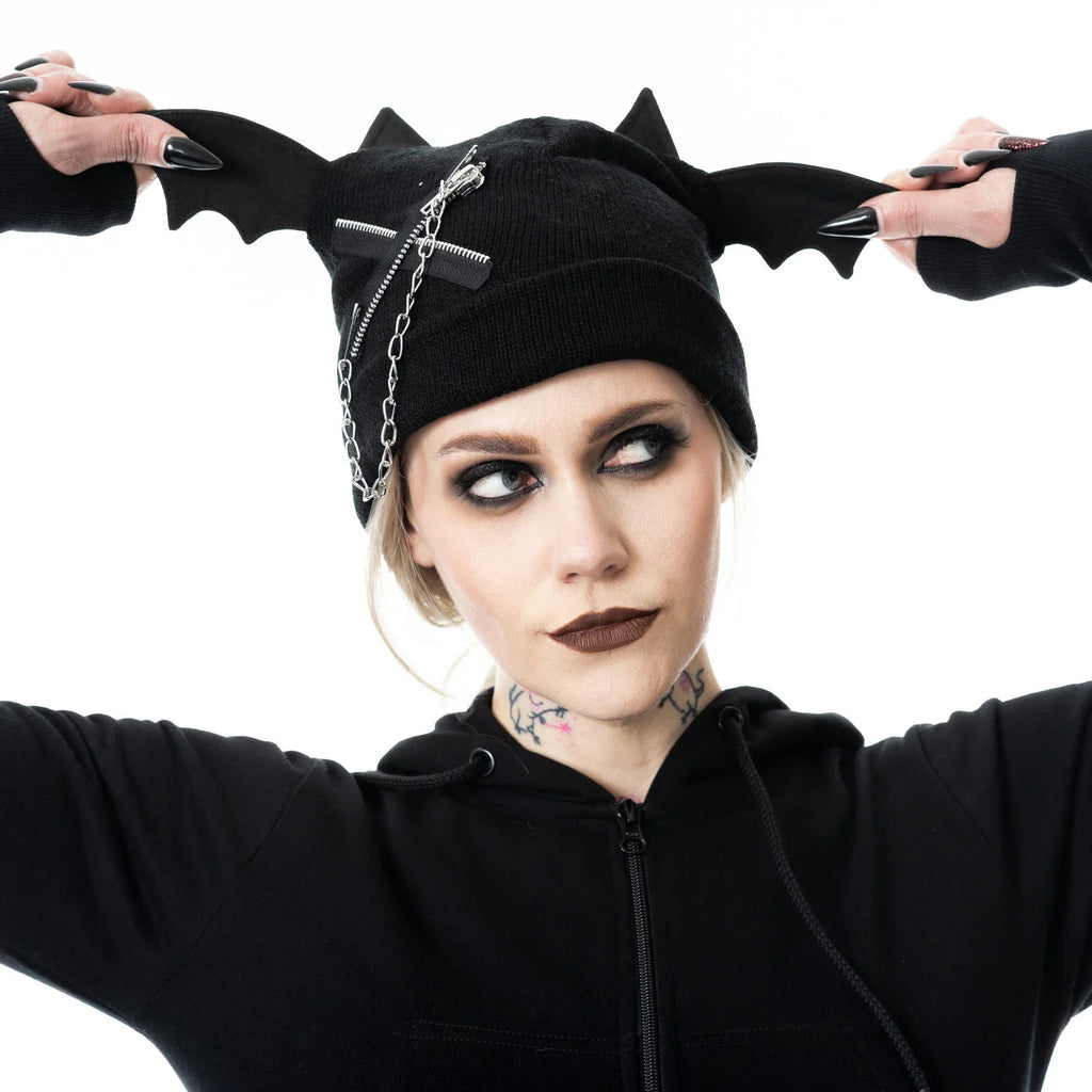 Cupcake Cult Nycteris Hat – Gothic Bat Wing Beanie with Chain Detail