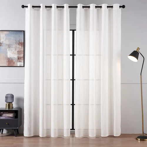 Striped Tulle White Curtains – Light Filtering Sheer Drapes for Bedroom & Living Room
