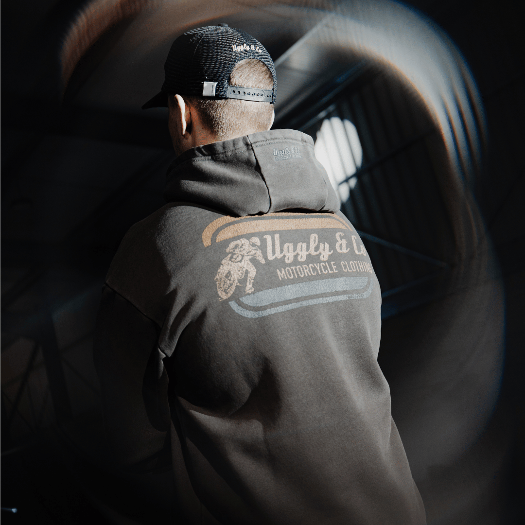 Uggly and Co Olive Flattrack Hoodie – Heavyweight Motorcycle Racing Gear