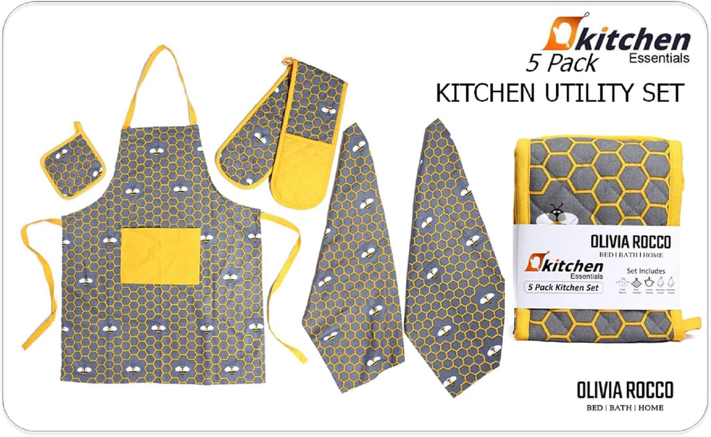 OLIVIA ROCCO 5-Piece Kitchen Set – Heat Resistant Apron, Oven Gloves & Towels