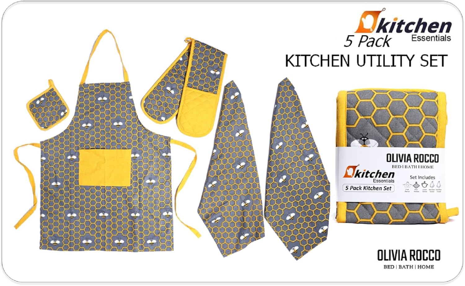OLIVIA ROCCO 5-Piece Kitchen Set – Heat Resistant Apron, Oven Gloves & Towels