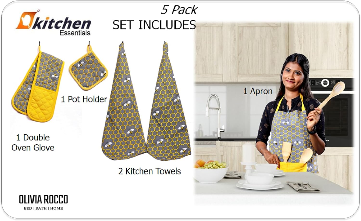 OLIVIA ROCCO 5-Piece Kitchen Set – Heat Resistant Apron, Oven Gloves & Towels