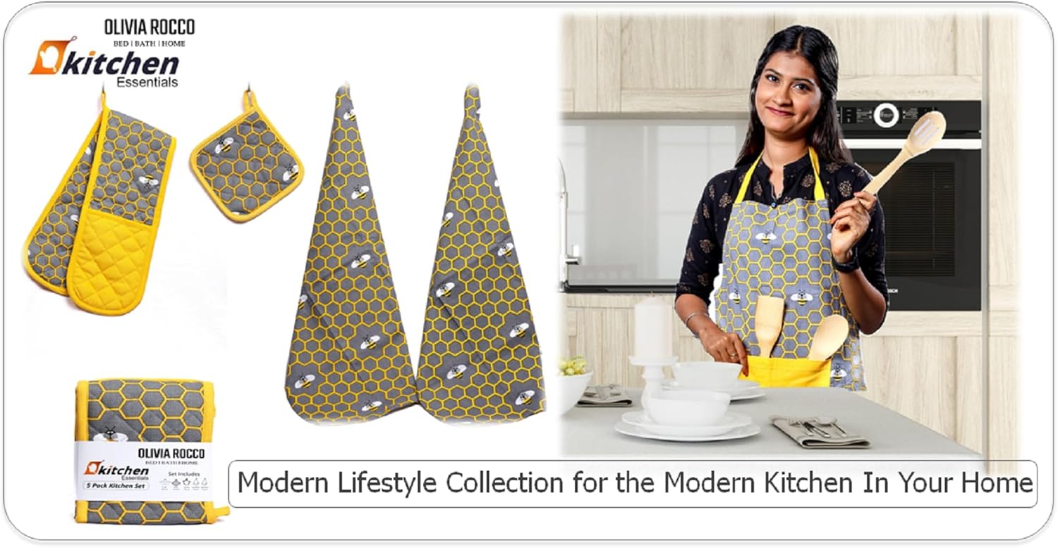 OLIVIA ROCCO 5-Piece Kitchen Set – Heat Resistant Apron, Oven Gloves & Towels