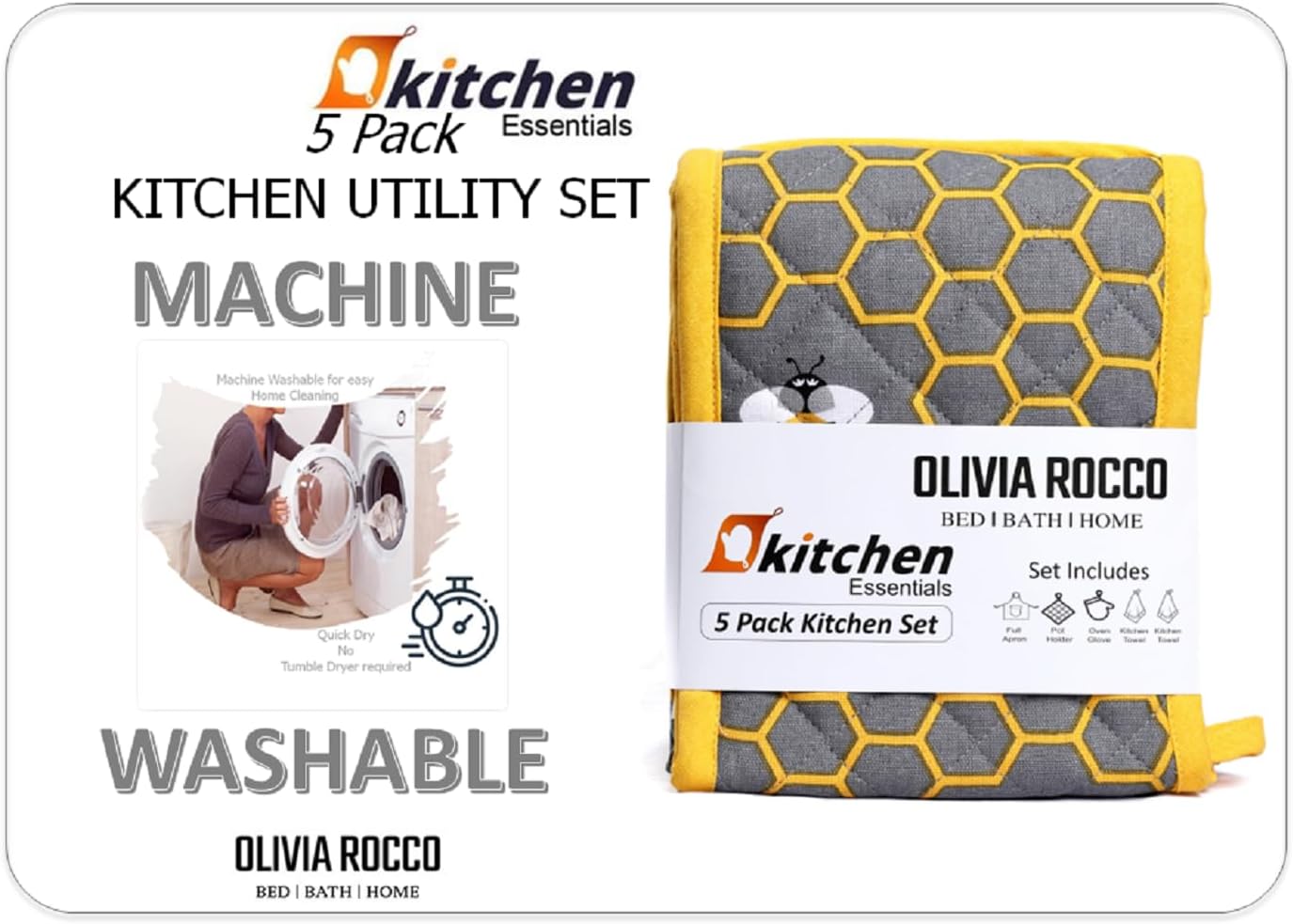 OLIVIA ROCCO 5-Piece Kitchen Set – Heat Resistant Apron, Oven Gloves & Towels
