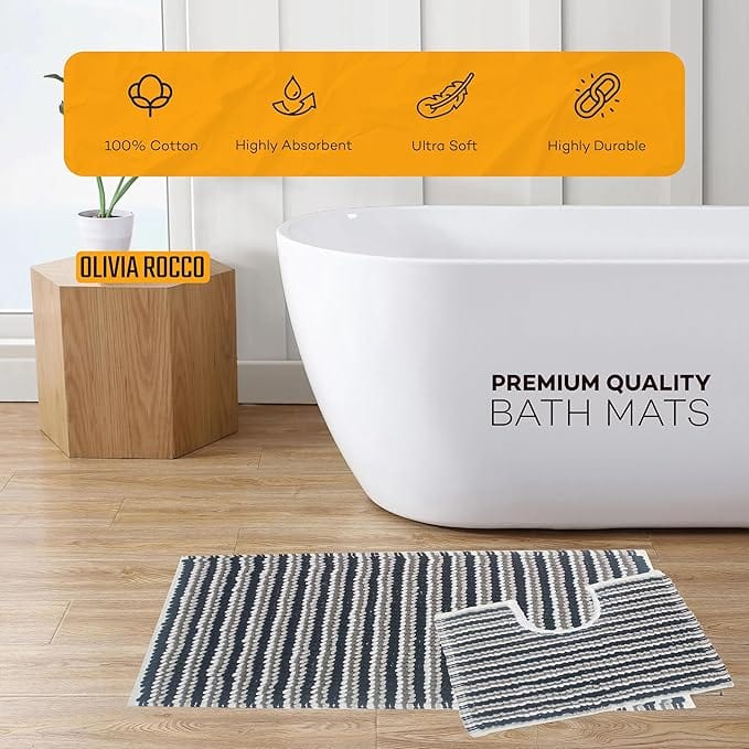OLIVIA ROCCO Amalfi 2 Piece Bath Mat Set – 100% Cotton Plush Absorbent Rugs