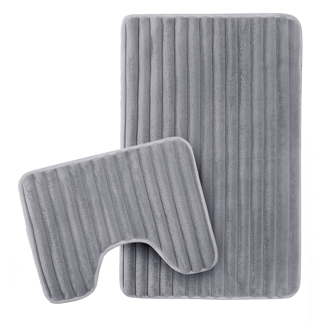 OLIVIA ROCCO 2 Piece Ribbed Bath Mat Set – Charcoal Non-Slip Absorbent Rugs