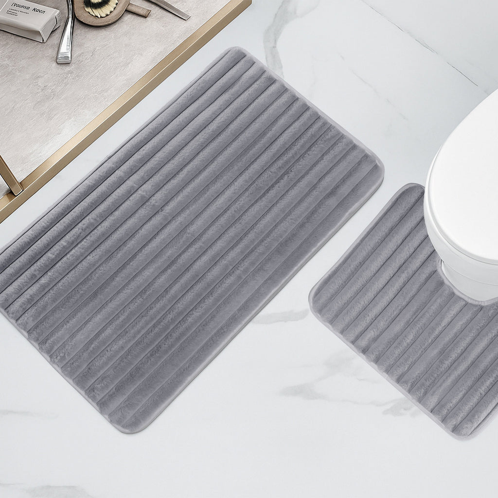 OLIVIA ROCCO 2 Piece Ribbed Bath Mat Set – Charcoal Non-Slip Absorbent Rugs