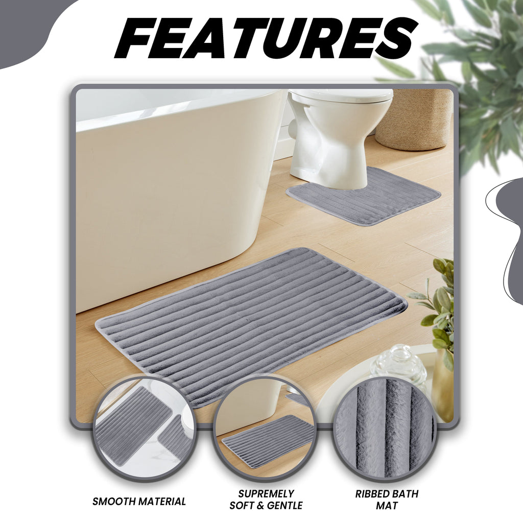 OLIVIA ROCCO 2 Piece Ribbed Bath Mat Set – Charcoal Non-Slip Absorbent Rugs