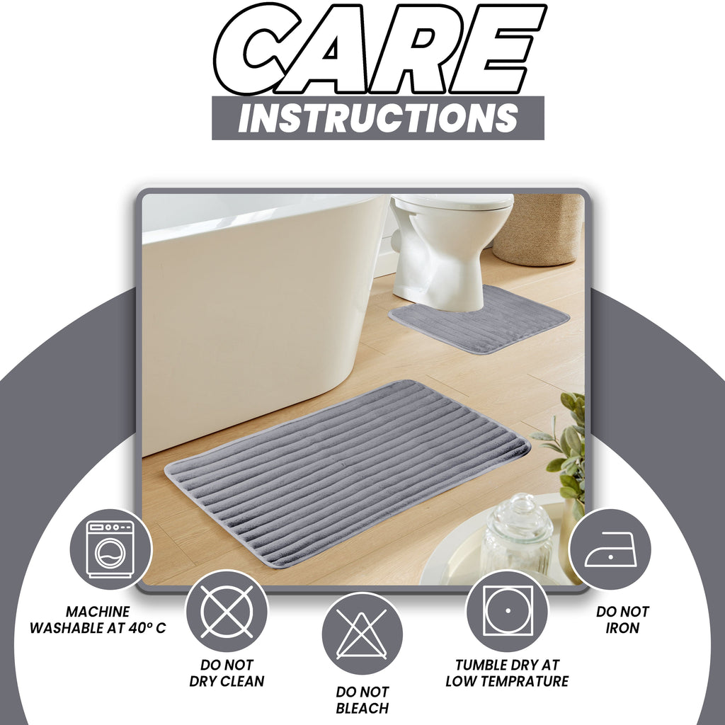 OLIVIA ROCCO 2 Piece Ribbed Bath Mat Set – Charcoal Non-Slip Absorbent Rugs